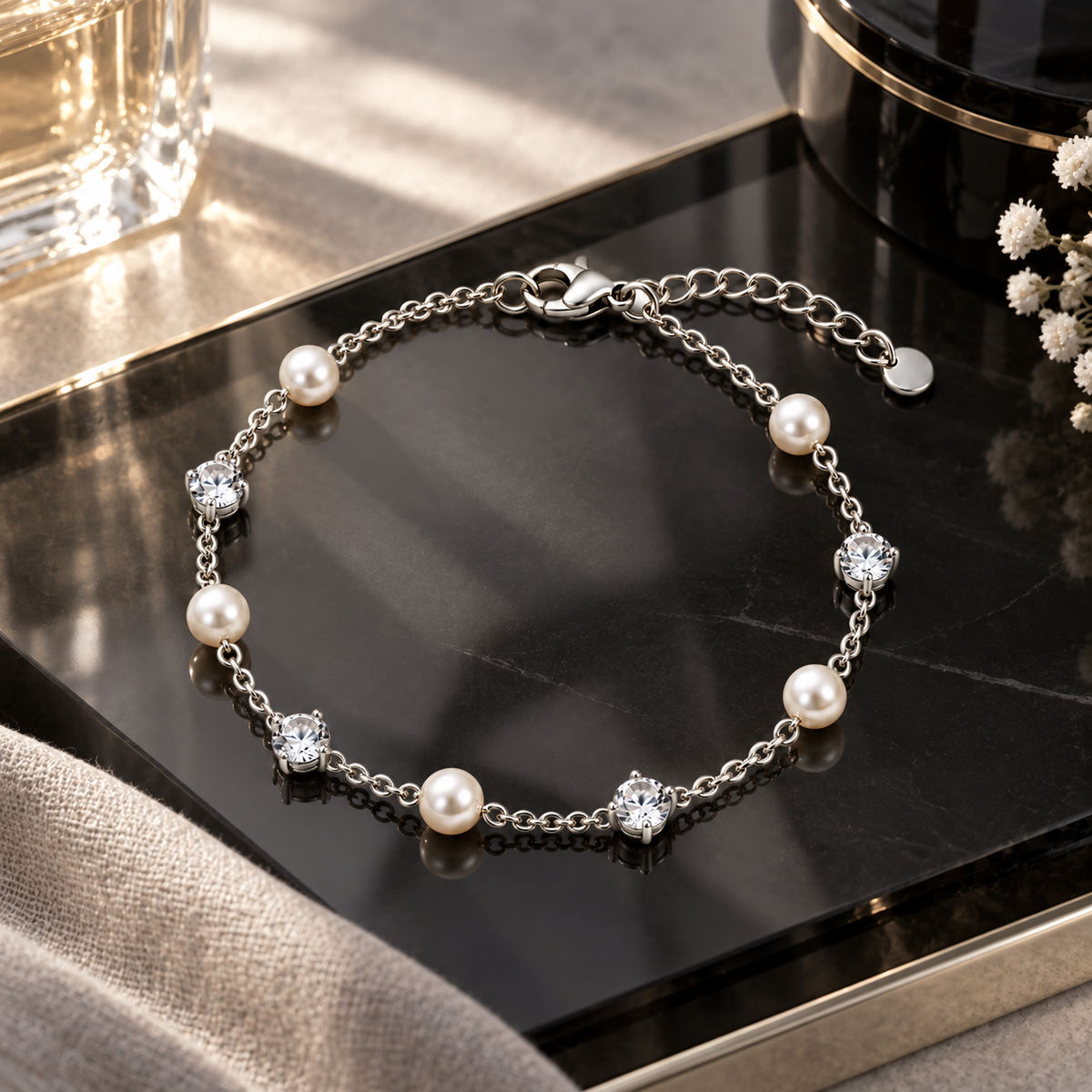 Naturalture® Silver-Tone Pearl-Look and Clear Stone Bracelet – Delicate Chain Jewelry for Everyday Styling and Occasions