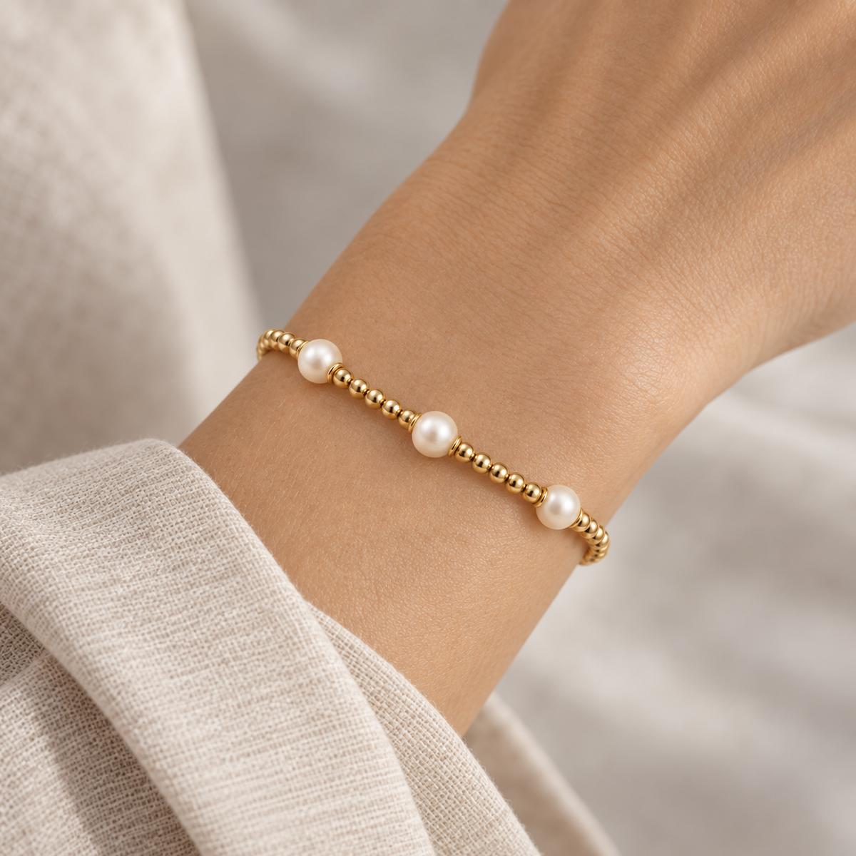 Naturalture® Gold-Tone Beaded Bracelet with Three Pearl-Look Accents – Elegant Minimalist Everyday Jewelry