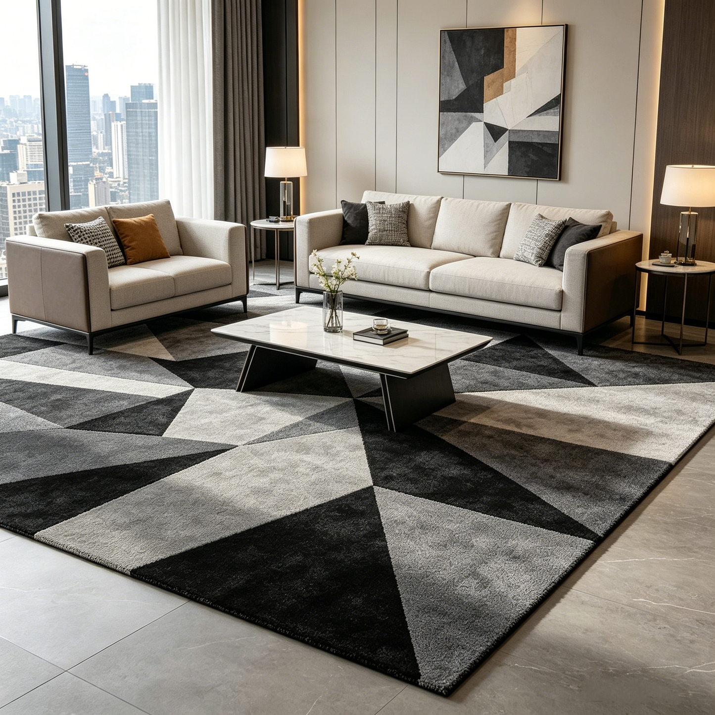 Modern Geometric Area Rug – Soft Plush Metallic Accent Carpet for Living Room, Bedroom & Contemporary Home Décor