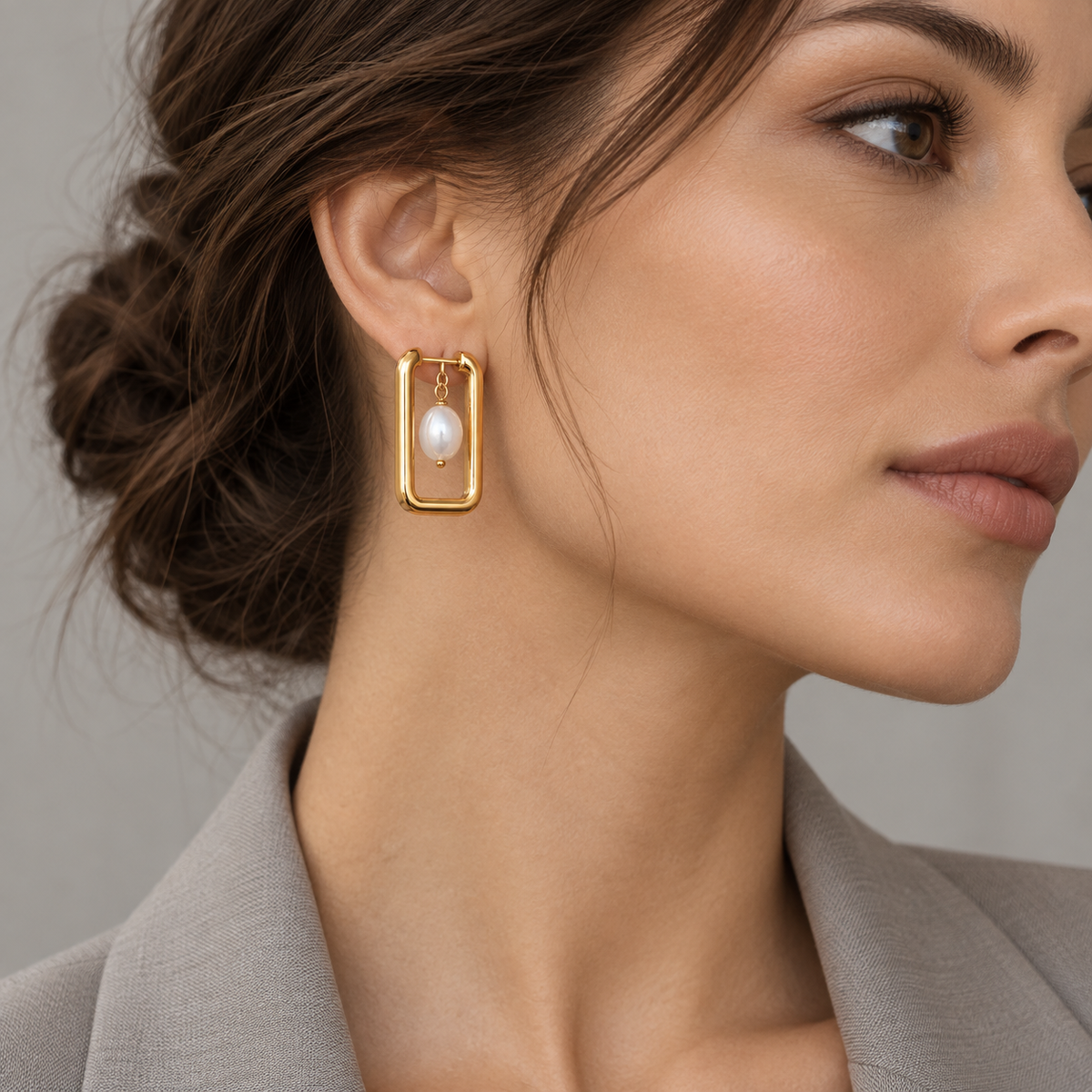 Naturalture® Gold-Tone Rectangular Hoop Earrings with Pearl-Look Drops – Modern Geometric Everyday Jewelry