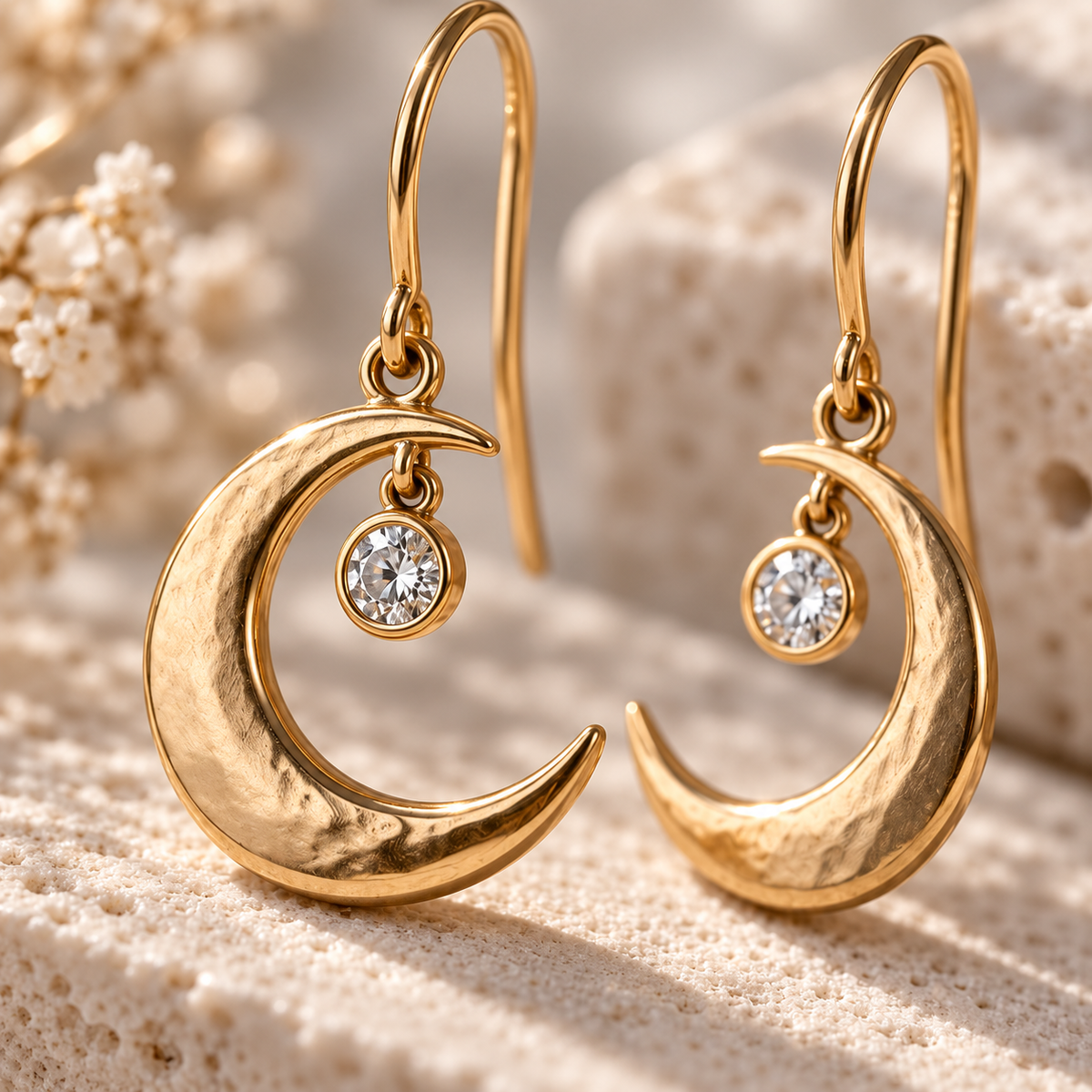 Naturalture® Gold-Tone Crescent Moon Drop Earrings with Clear Stone-Look Accents – Celestial Everyday Jewelry
