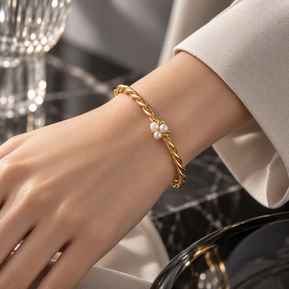 Naturalture®Gold-Tone Twisted Bangle Bracelet – Three Pearl-Look Accents
