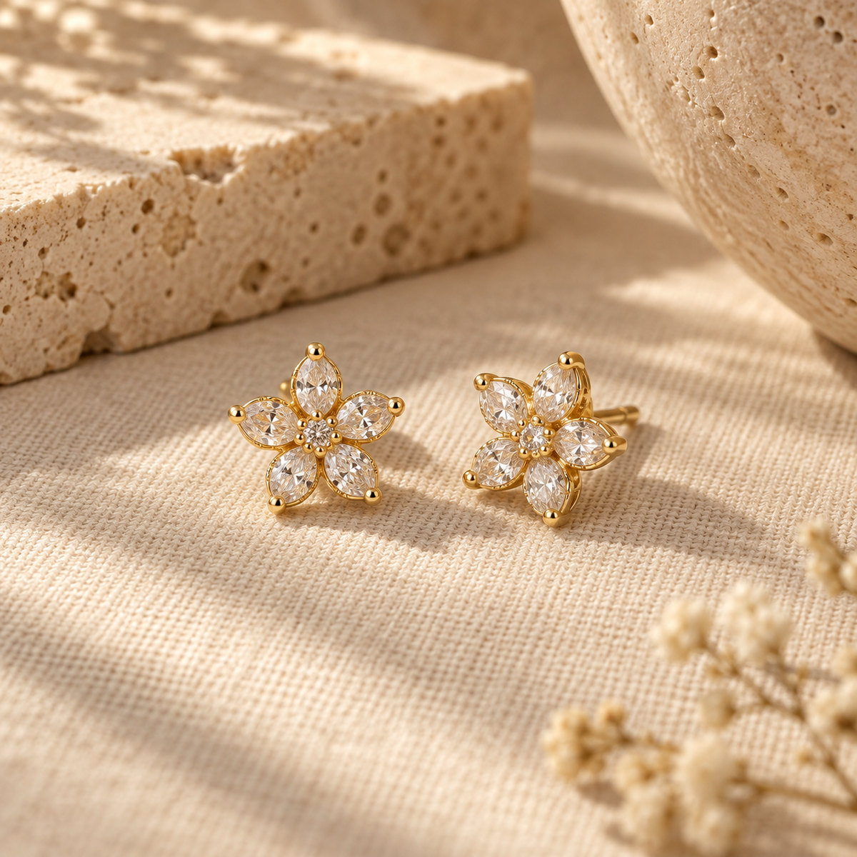 Naturalture® Gold-Tone Floral Clear Stone-Look Stud Earrings – Elegant Five-Petal Everyday Jewelry