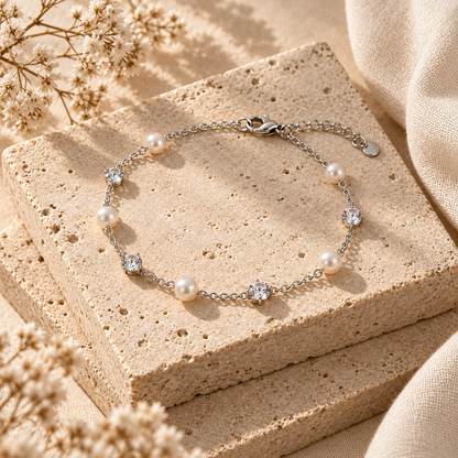 Naturalture® Silver-Tone Pearl-Look and Clear Stone Bracelet – Delicate Chain Jewelry for Everyday Styling and Occasions