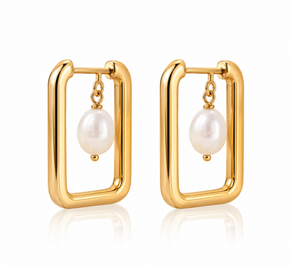 Naturalture® Gold-Tone Rectangular Hoop Earrings with Pearl-Look Drops – Modern Geometric Everyday Jewelry