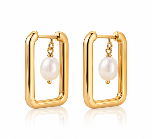 Naturalture® Gold-Tone Rectangular Hoop Earrings with Pearl-Look Drops – Modern Geometric Everyday Jewelry