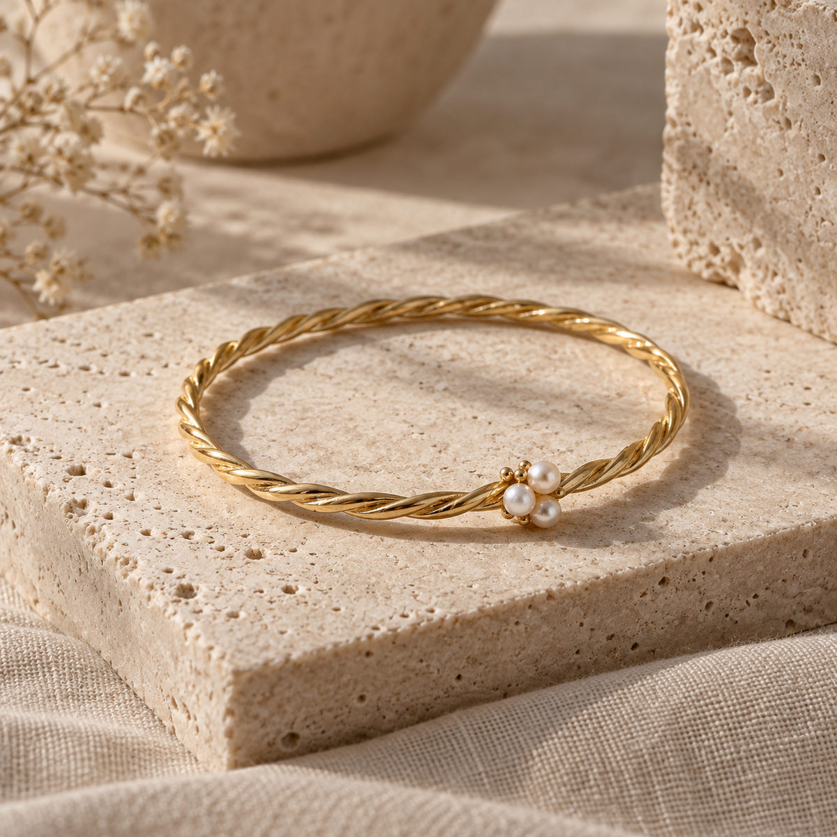 Naturalture®Gold-Tone Twisted Bangle Bracelet – Three Pearl-Look Accents