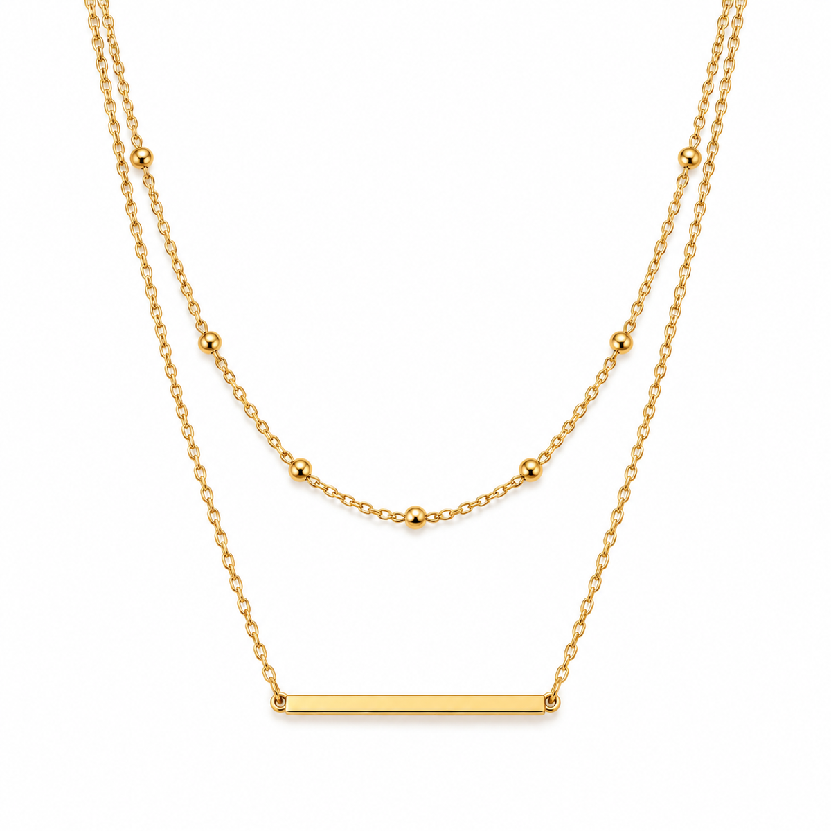 Naturalture® Gold-Tone Layered Bar Necklace with Beaded Chain – Minimalist Double-Layer Everyday Jewelry