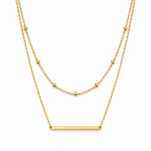 Naturalture® Gold-Tone Layered Bar Necklace with Beaded Chain – Minimalist Double-Layer Everyday Jewelry