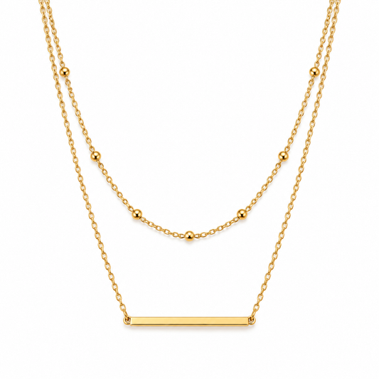 Naturalture® Gold-Tone Layered Bar Necklace with Beaded Chain – Minimalist Double-Layer Everyday Jewelry