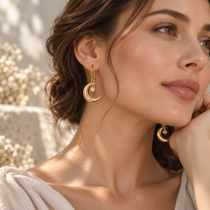 Naturalture® Gold-Tone Crescent Moon Drop Earrings with Clear Stone-Look Accents – Celestial Everyday Jewelry