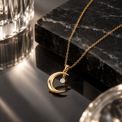 Naturalture® Gold-Tone Crescent Moon Necklace with Clear Stone-Look Drop – Celestial Pendant Jewelry