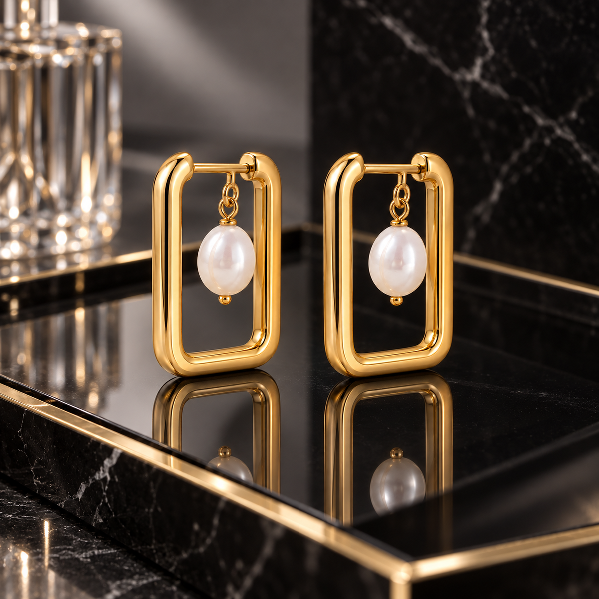 Naturalture® Gold-Tone Rectangular Hoop Earrings with Pearl-Look Drops – Modern Geometric Everyday Jewelry