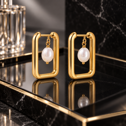 Naturalture® Gold-Tone Rectangular Hoop Earrings with Pearl-Look Drops – Modern Geometric Everyday Jewelry