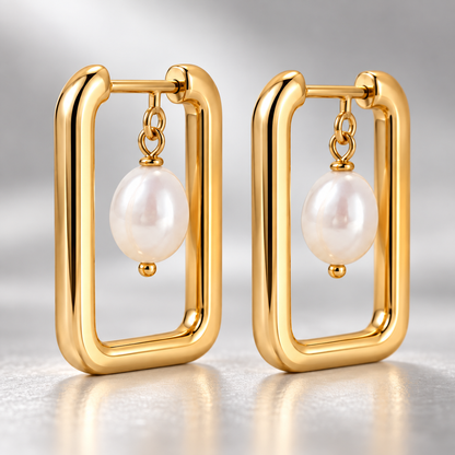 Naturalture® Gold-Tone Rectangular Hoop Earrings with Pearl-Look Drops – Modern Geometric Everyday Jewelry