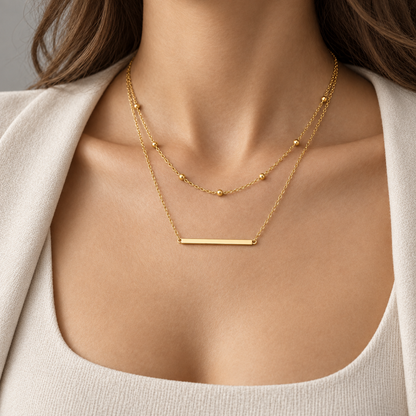 Naturalture® Gold-Tone Layered Bar Necklace with Beaded Chain – Minimalist Double-Layer Everyday Jewelry