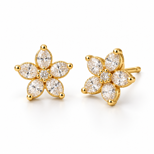 Naturalture® Gold-Tone Floral Clear Stone-Look Stud Earrings – Elegant Five-Petal Everyday Jewelry