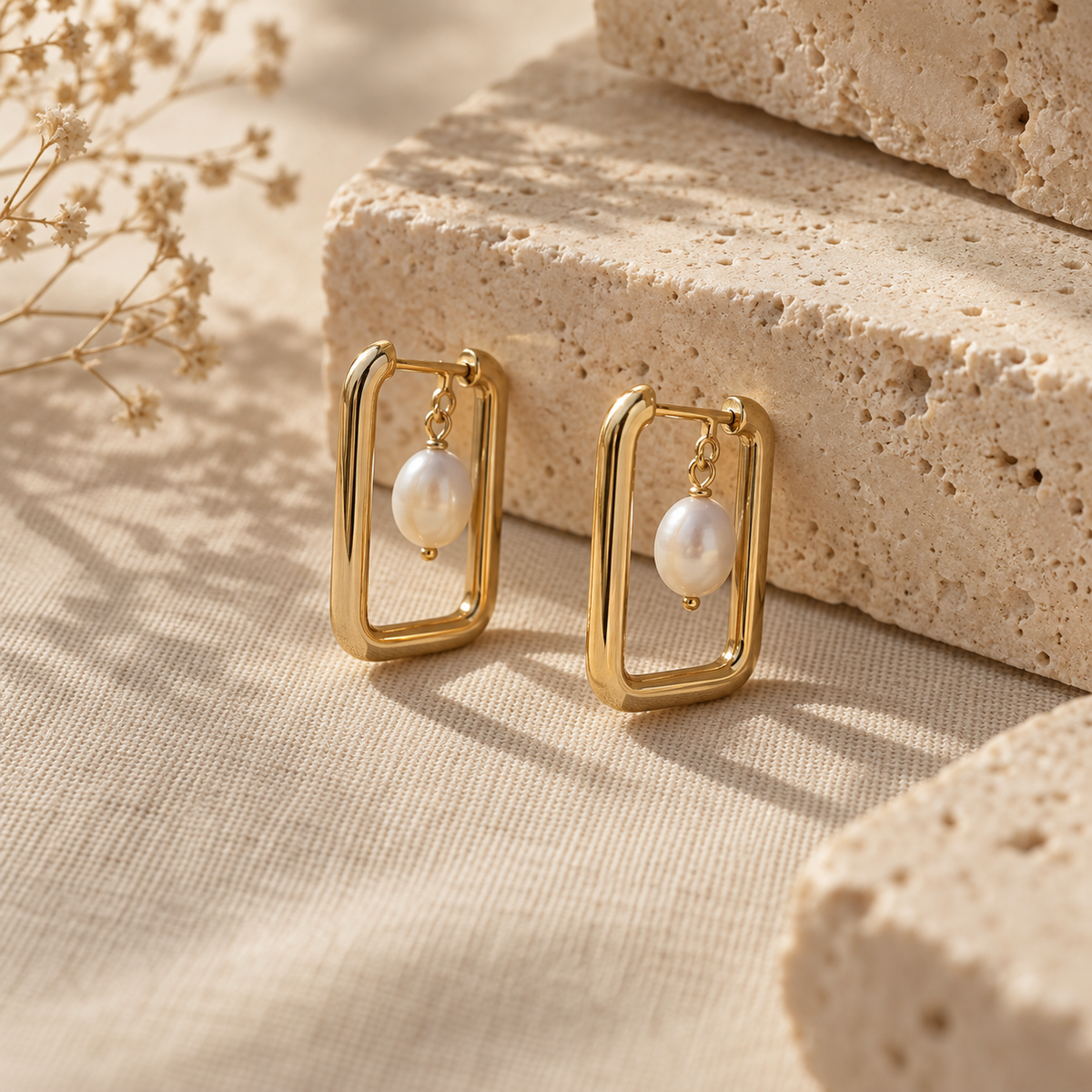 Naturalture® Gold-Tone Rectangular Hoop Earrings with Pearl-Look Drops – Modern Geometric Everyday Jewelry