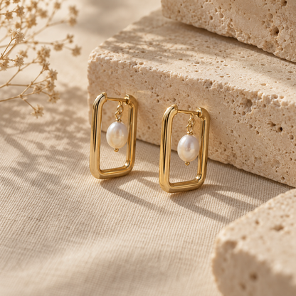 Naturalture® Gold-Tone Rectangular Hoop Earrings with Pearl-Look Drops – Modern Geometric Everyday Jewelry