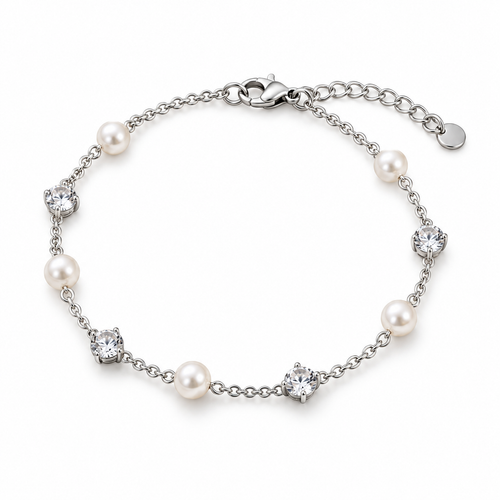 Naturalture® Silver-Tone Pearl-Look and Clear Stone Bracelet – Delicate Chain Jewelry for Everyday Styling and Occasions