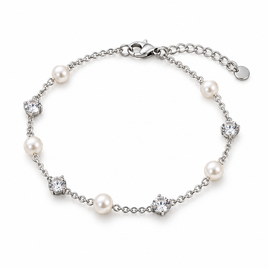 Naturalture® Silver-Tone Pearl-Look and Clear Stone Bracelet – Delicate Chain Jewelry for Everyday Styling and Occasions