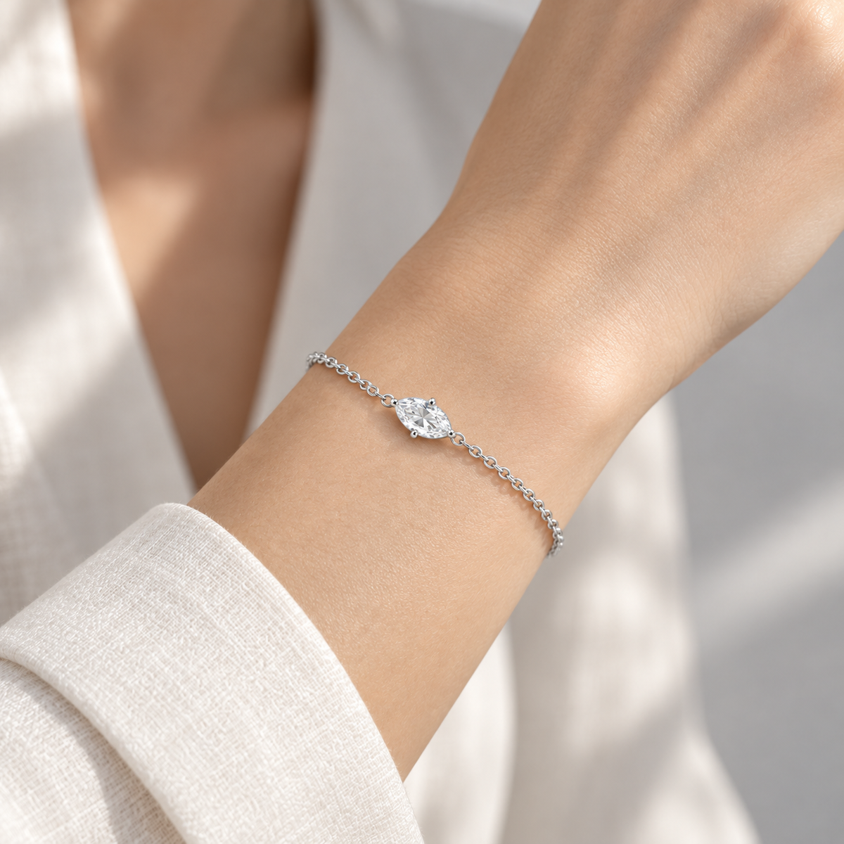 Naturalture® Minimalist Silver-Tone Marquise Solitaire Bracelet – Delicate Clear Stone Design