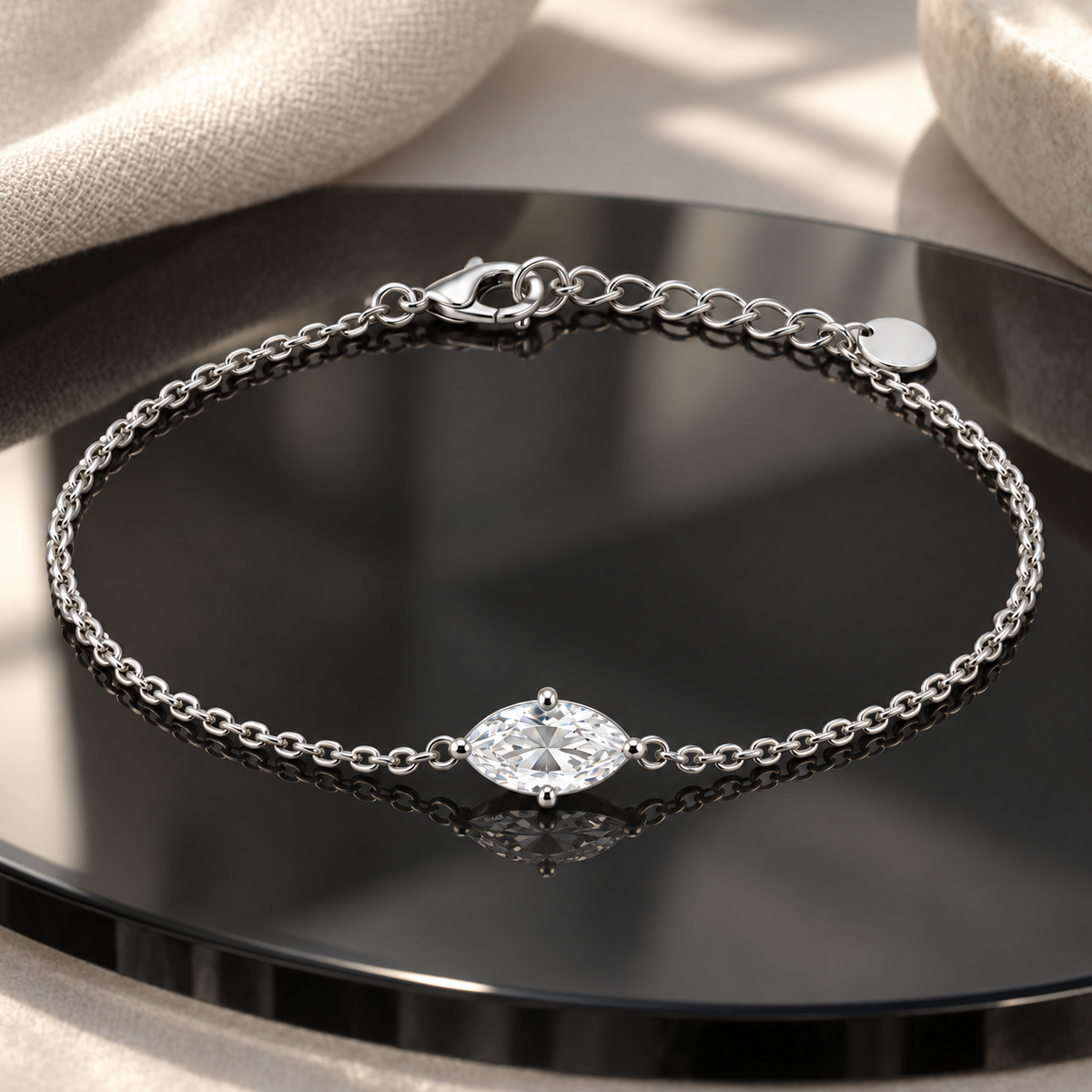 Naturalture® Minimalist Silver-Tone Marquise Solitaire Bracelet – Delicate Clear Stone Design
