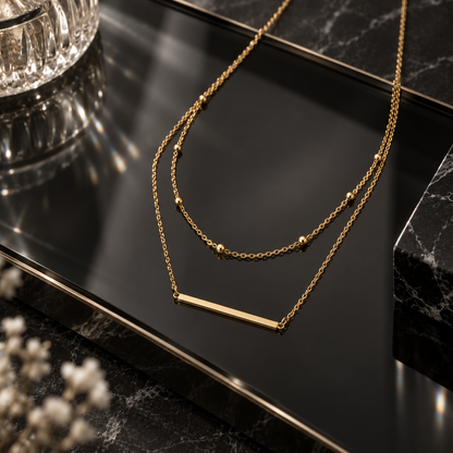 Naturalture® Gold-Tone Layered Bar Necklace with Beaded Chain – Minimalist Double-Layer Everyday Jewelry