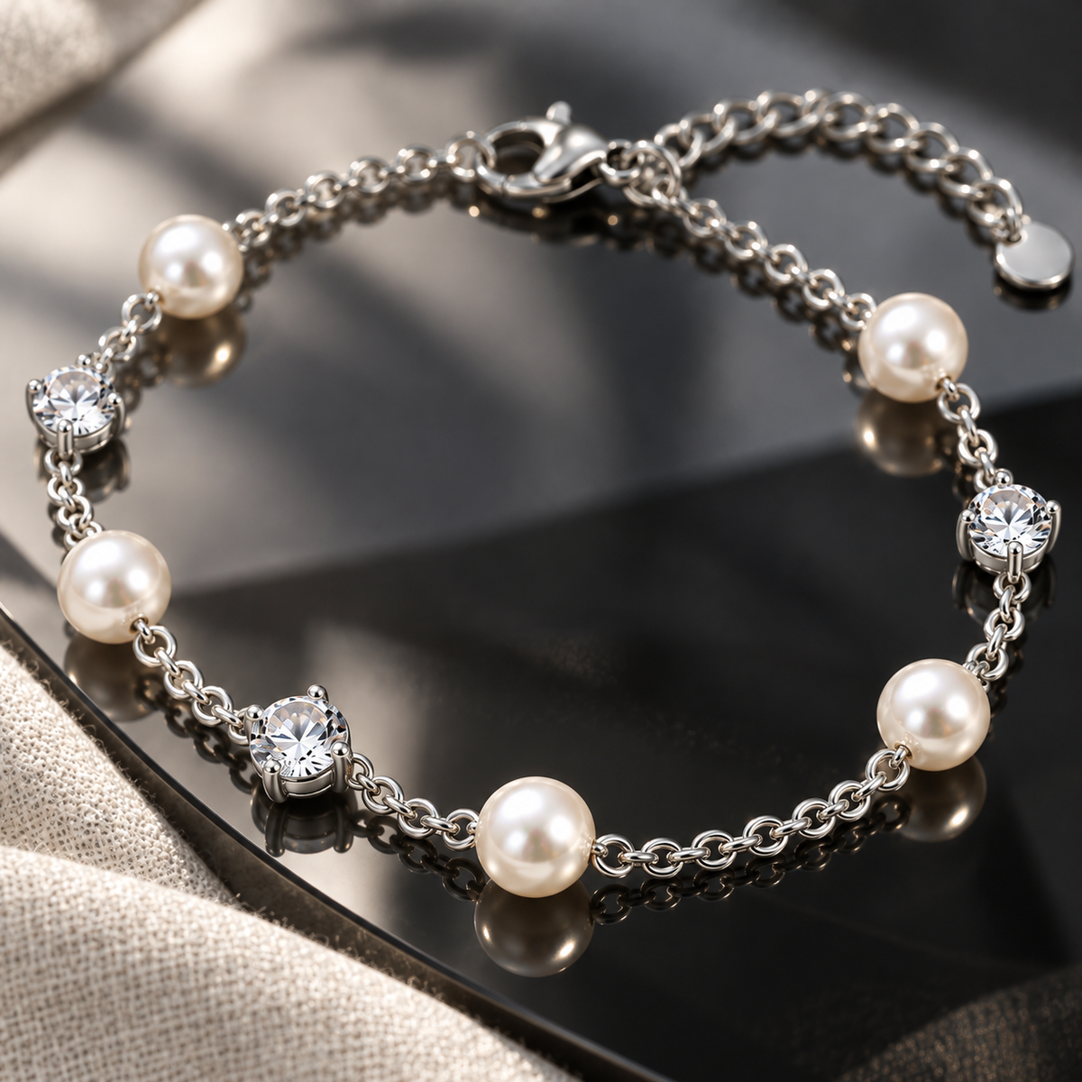 Naturalture® Silver-Tone Pearl-Look and Clear Stone Bracelet – Delicate Chain Jewelry for Everyday Styling and Occasions