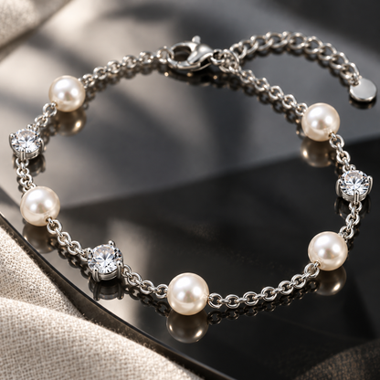 Naturalture® Silver-Tone Pearl-Look and Clear Stone Bracelet – Delicate Chain Jewelry for Everyday Styling and Occasions
