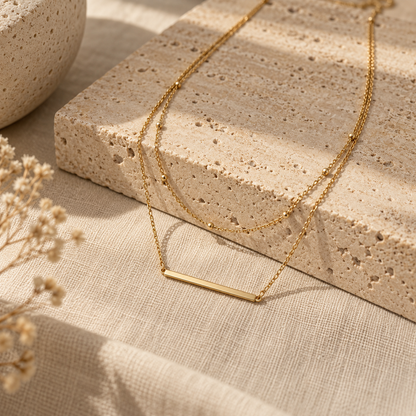 Naturalture® Gold-Tone Layered Bar Necklace with Beaded Chain – Minimalist Double-Layer Everyday Jewelry
