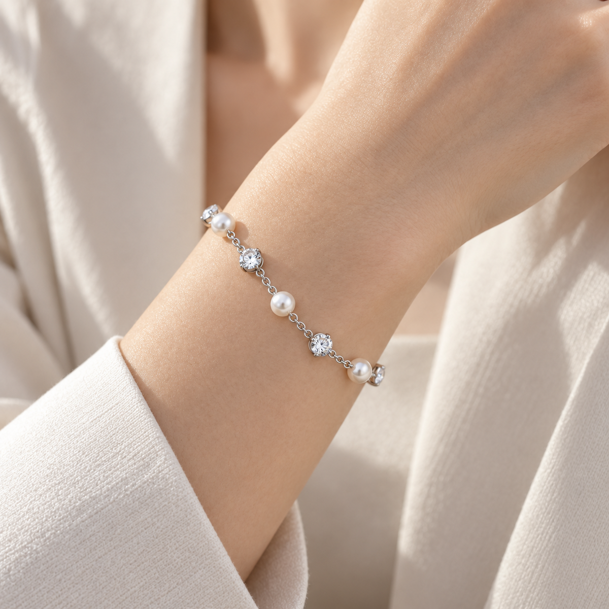 Naturalture® Silver-Tone Pearl-Look and Clear Stone Bracelet – Delicate Chain Jewelry for Everyday Styling and Occasions