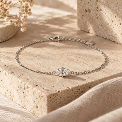 Naturalture® Minimalist Silver-Tone Marquise Solitaire Bracelet – Delicate Clear Stone Design