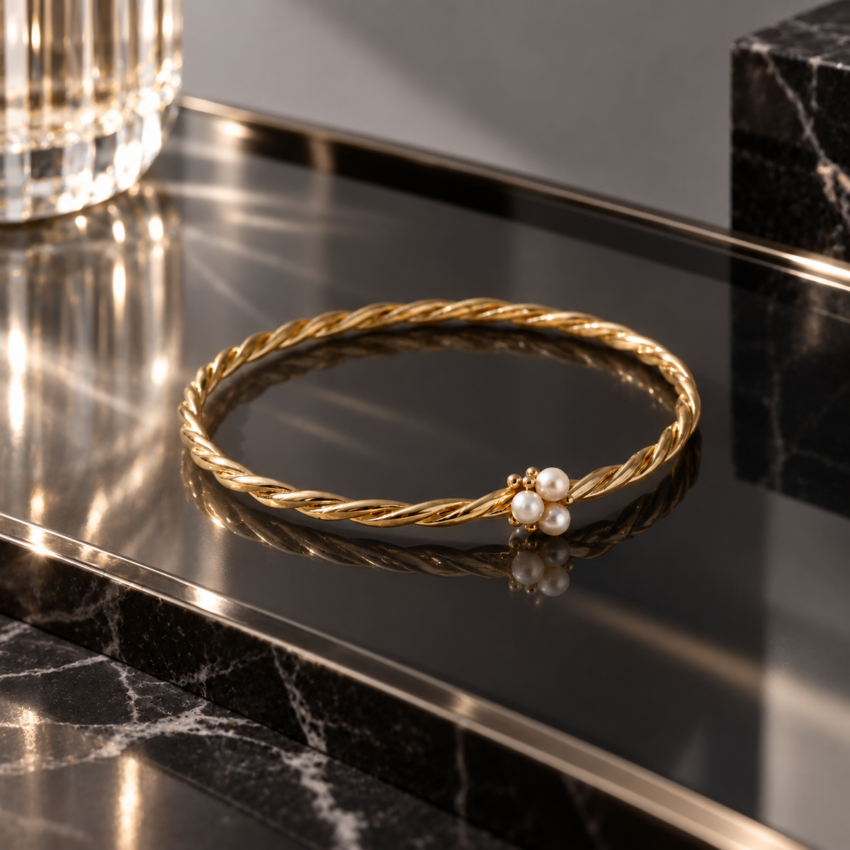Naturalture®Gold-Tone Twisted Bangle Bracelet – Three Pearl-Look Accents
