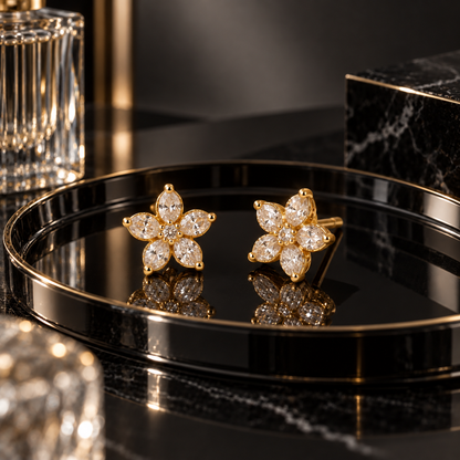 Naturalture® Gold-Tone Floral Clear Stone-Look Stud Earrings – Elegant Five-Petal Everyday Jewelry