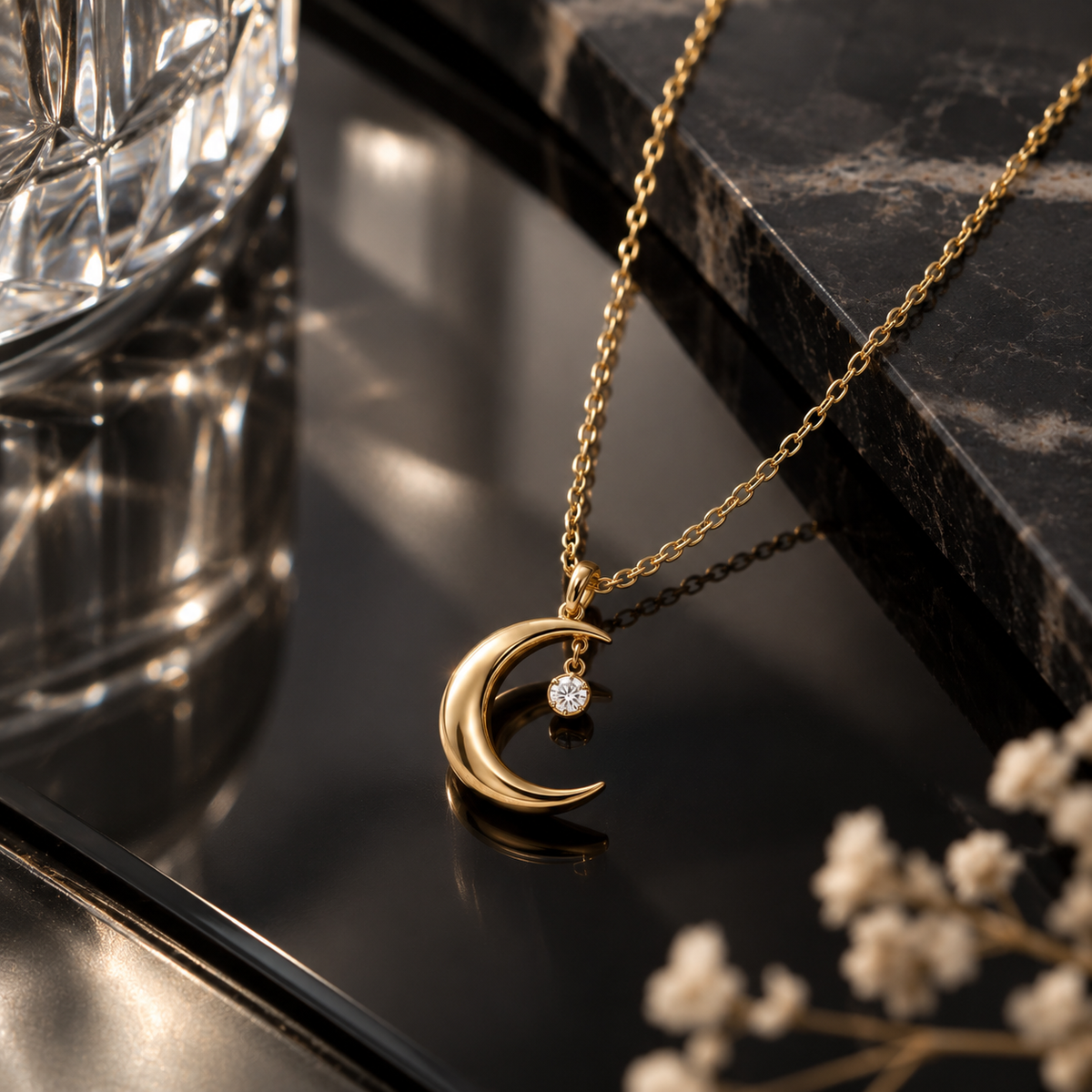 Naturalture® Gold-Tone Crescent Moon Necklace with Clear Stone-Look Drop – Celestial Pendant Jewelry